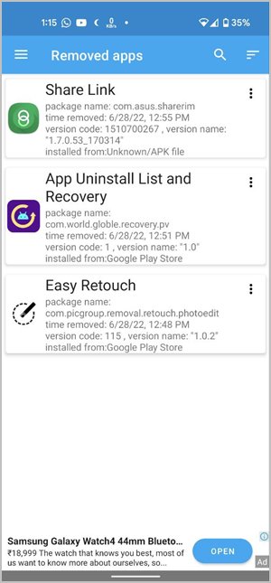 Vista de aplicaciones de Android Lista de aplicaciones eliminadas