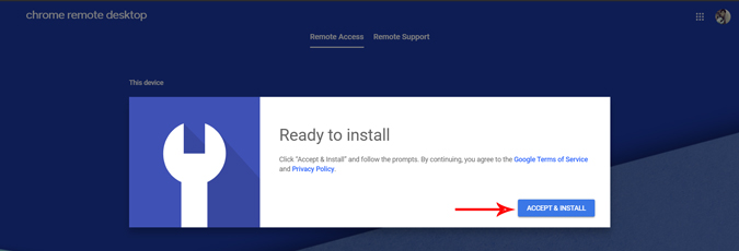 Aceptar e instalar el escritorio remoto de Chrome
