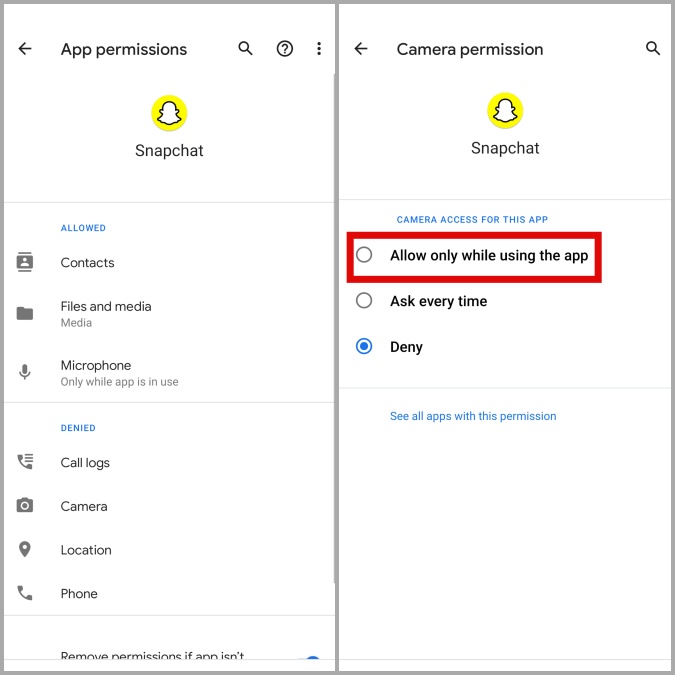 Permitir permisos de Snapchat en Android