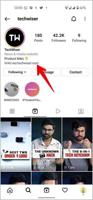 Enlace de Instagram en el sitio web bio