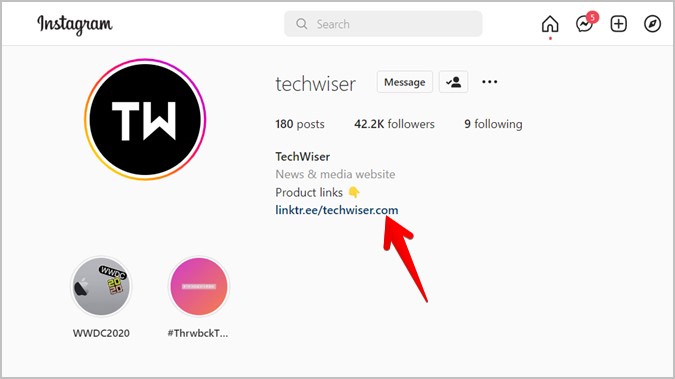 Enlace del sitio web de Instagram en Bio URL