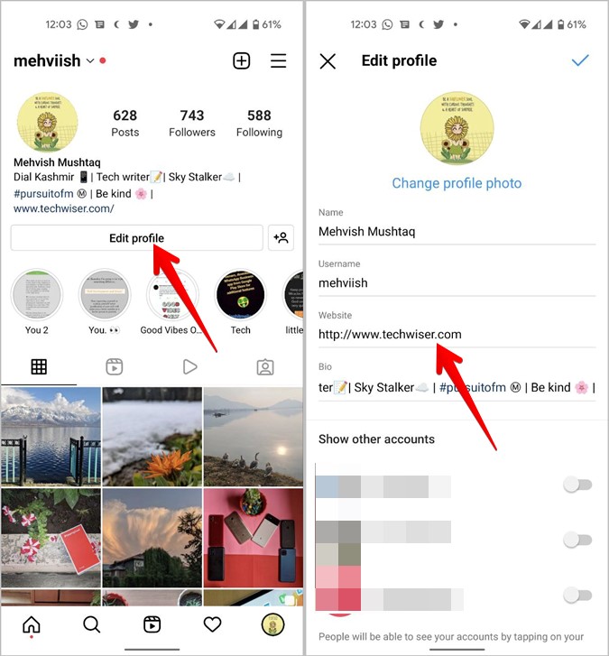Pantalla de perfil de Instagram Agregar sitio web