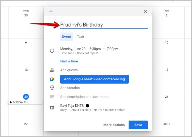 Agregar un nombre a su evento de cumpleaños en el calendario de Google