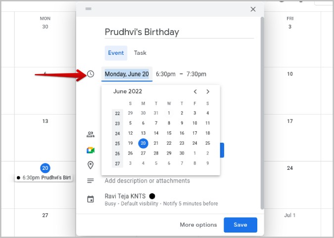 Fecha de configuración para el evento calendario de Google