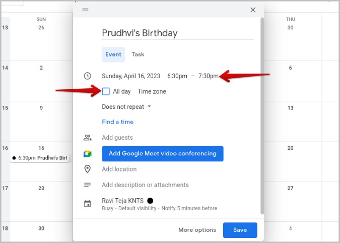 Establecer tiempo para el evento calendario de Google.