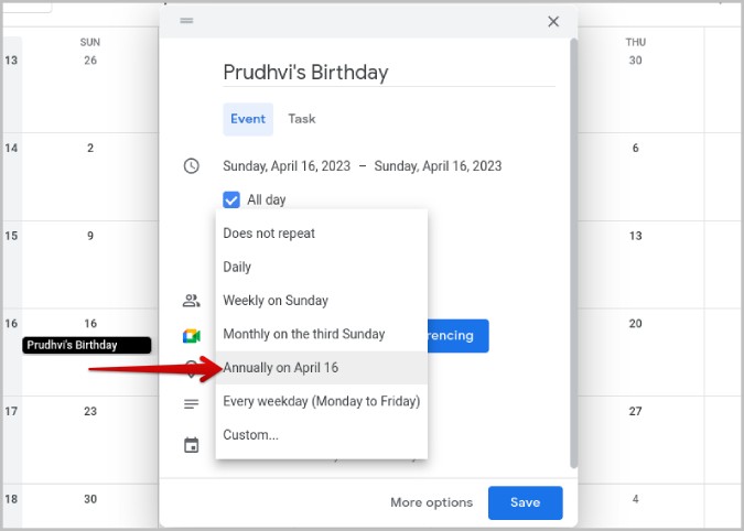 Configuración del evento Calendario de Google como evento recurrente anual