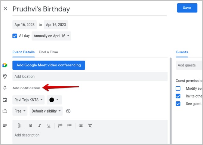 Agregar notificaciones para el evento calendario de Google