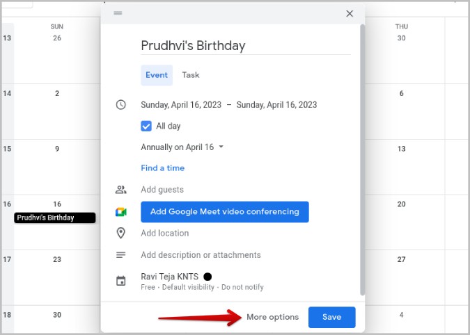Verificar más opciones en el calendario de Google