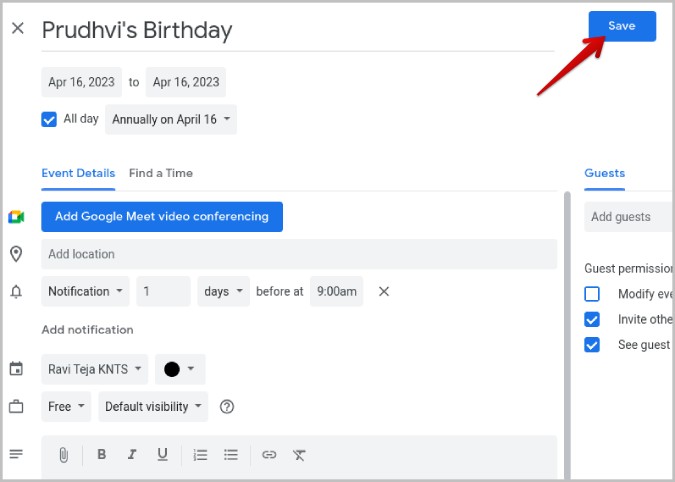 Guardar eventos de calendario de cumpleaños en el calendario de Google