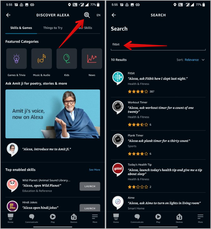Buscando Fitbit en la aplicación Alexa