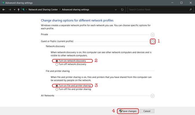 activar el intercambio de archivos en la configuración para todos los perfiles