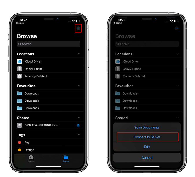 Toque las opciones y seleccione conectarse al servidor
