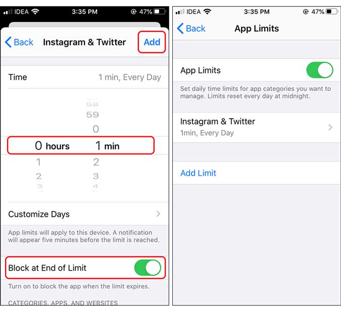 Bloquear al final del límite de tiempo que se establece en un minuto: bloquee la aplicación en iPhone