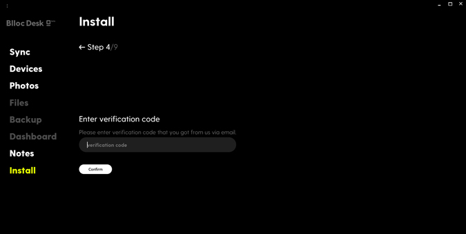 Ingresar el código de verificación para instalar BLLOC Pro