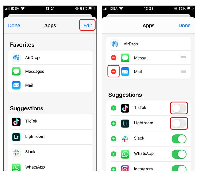 Deshabilite todas las aplicaciones que no desea en la hoja de compartir Siri