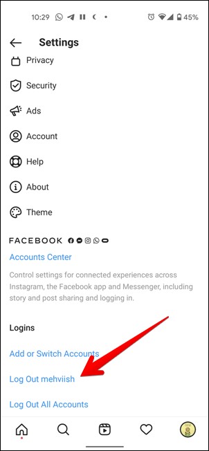 Configuración de la aplicación de Instagram sesión en sesión