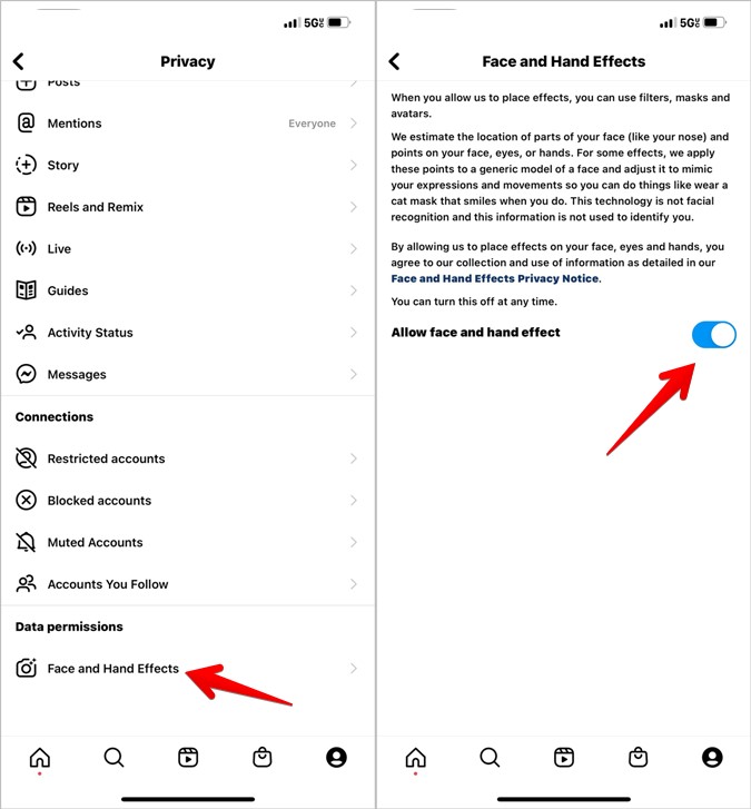 Permisión del efecto de la mano de Instagram