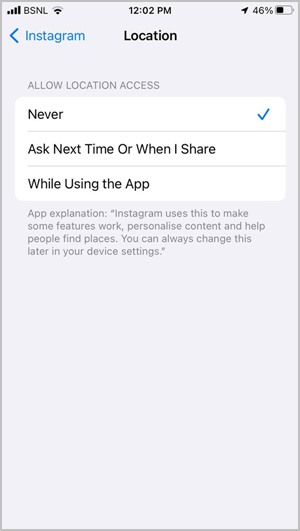 Cambio de permiso de ubicación de Instagram iPhone