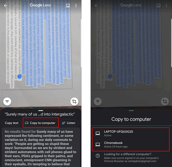Afirmar el texto a la computadora con Google Lens