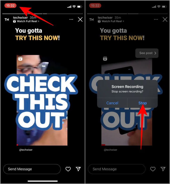 Detener la grabación de pantalla en iPhone para la historia de Instagram