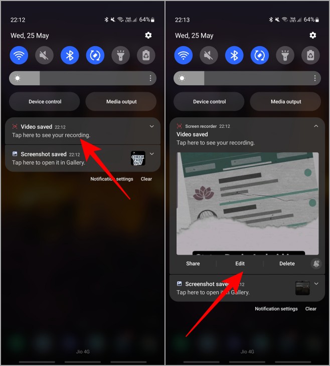 Grabación de pantalla en el panel de notificación en Samsung