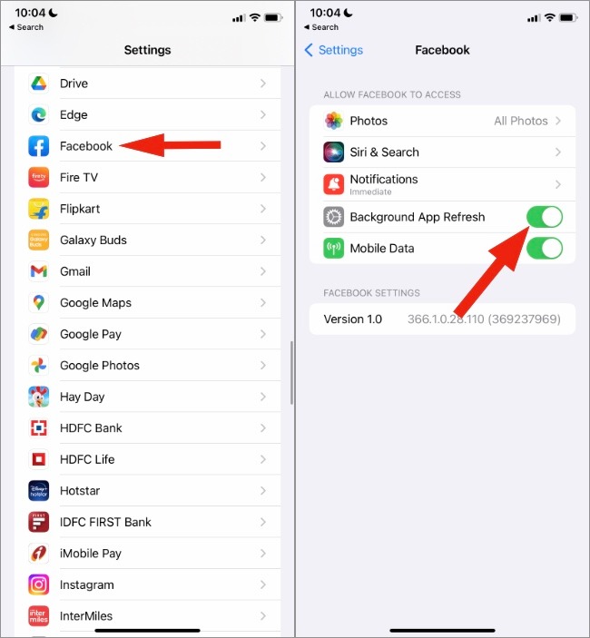 Habilitar la actualización de la aplicación de fondo para Facebook