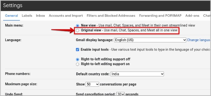 Opción de vista original en la configuración de Gmail