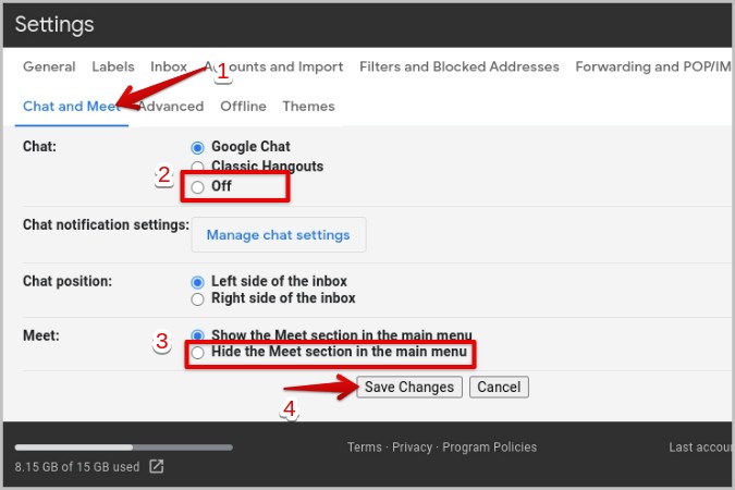 Apagando el chat de Google y Google se reúne en Gmail