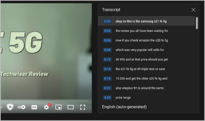 Box de transcripción en el escritorio de YouTube