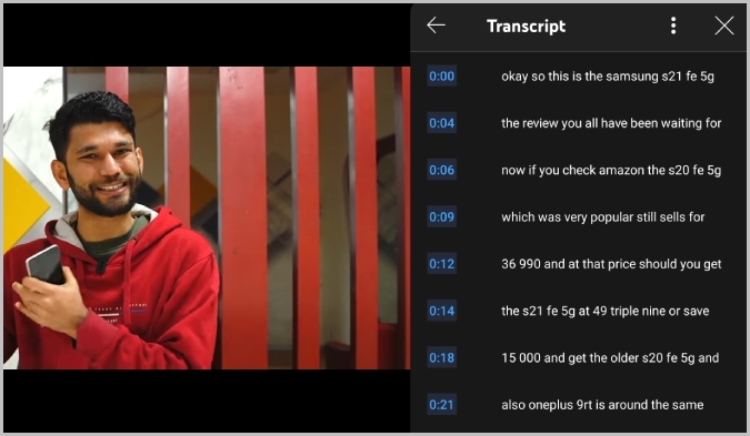 Transcripción en YouTube Mobile en modo de pantalla completa