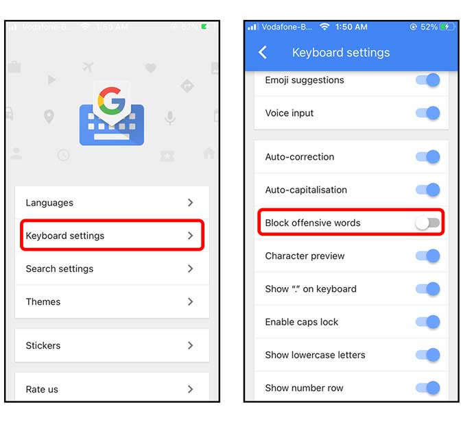 Actualización de la configuración de Gboard