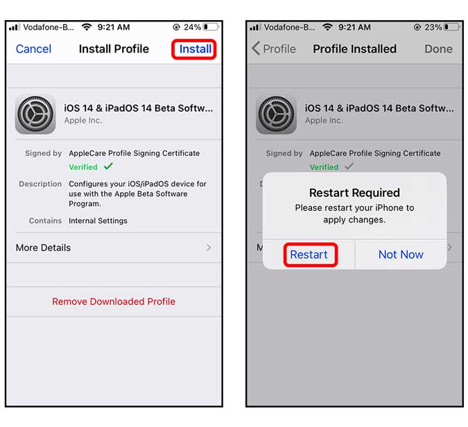 Instale un perfil y reinicie su iPhone