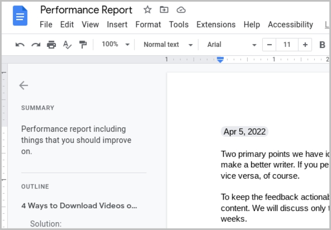 Ver resumen en Google Docs en la barra lateral