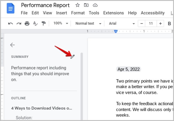 Resumen de edición en Google Docs