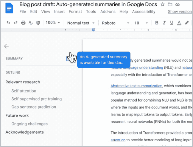 Usando el resumen generado automático de Google en Google Docs