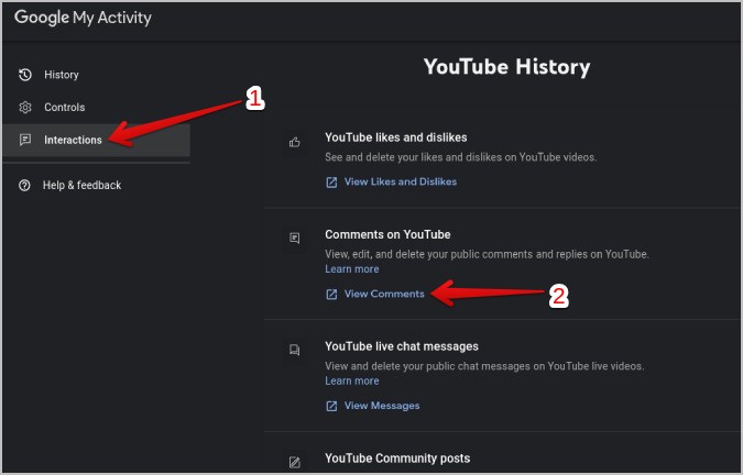Abrir comentarios de Google mi página de actividad en el escritorio de YouTube