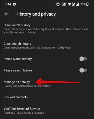 Seleccionar Administrar la opción de actividad en YouTube Android