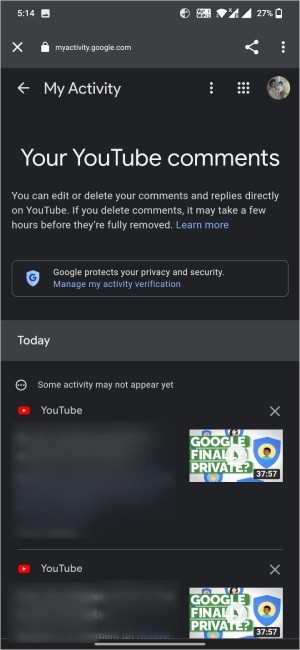 Vea todos los comentarios que hizo en YouTube Android