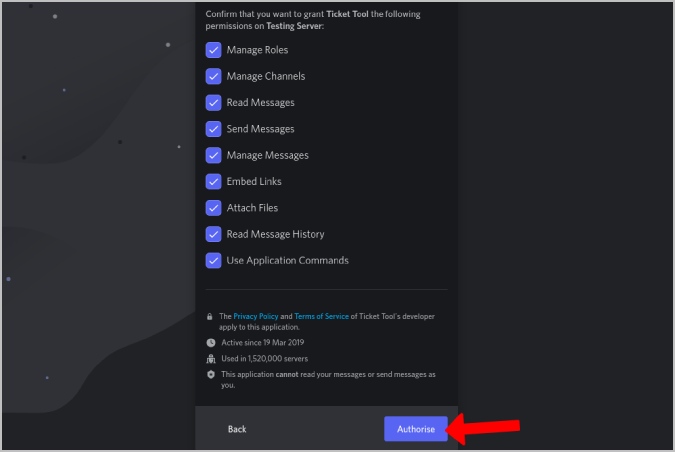 Autorizar permisos para agregar bot
