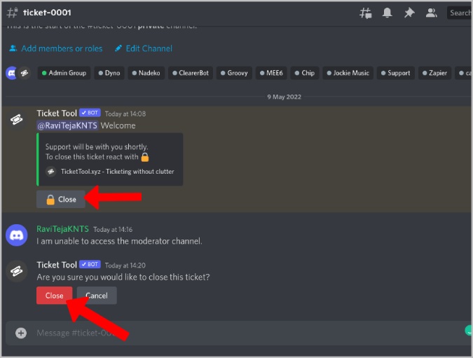 Cerrar el boleto en Discord