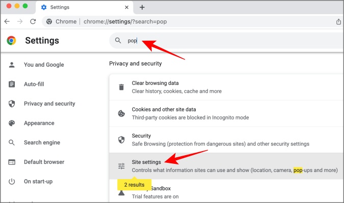 Configuración del sitio de Chrome