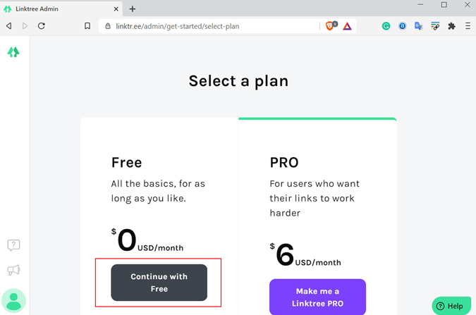 Plan de suscripción gratuito de Linktree