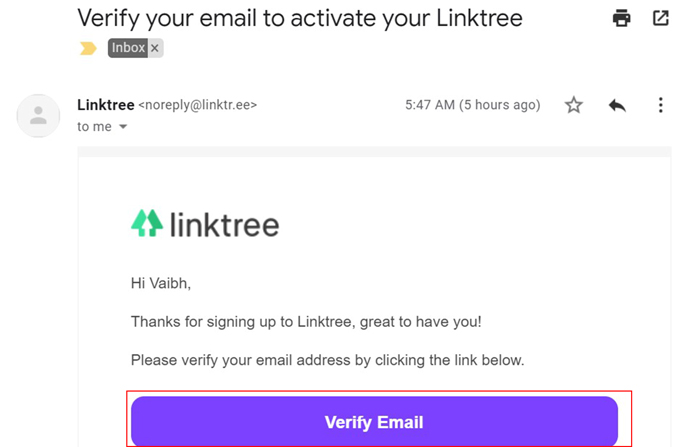 Verificación de correo electrónico para Linktree