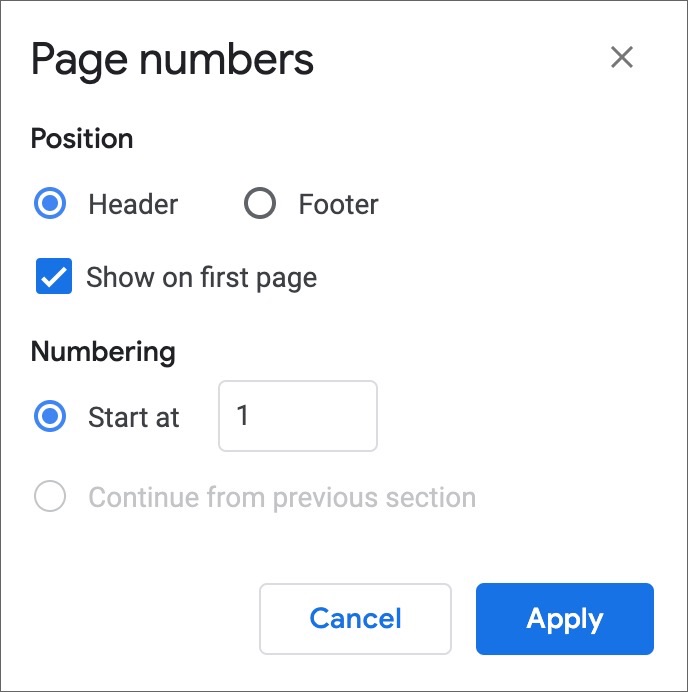 Número de página web de Google Docs en encabezado/pie de página