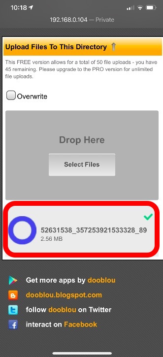 Aplicación de transferencia de archivos WiFi en los archivos de carga de iPhone