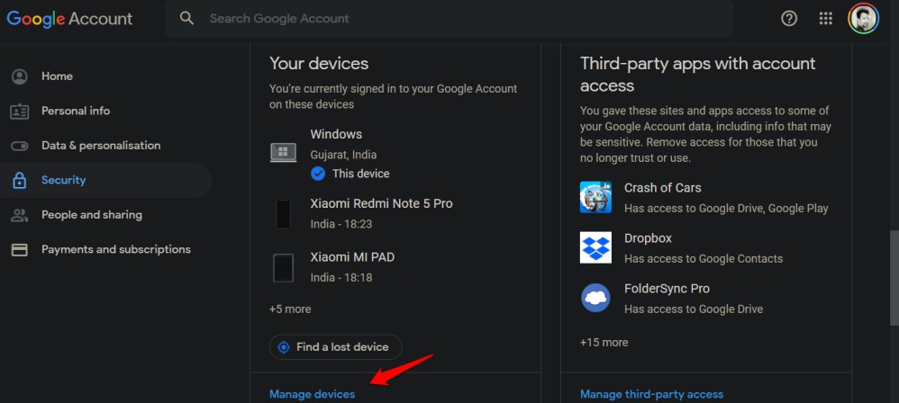 Lista de dispositivos en la cuenta de Google