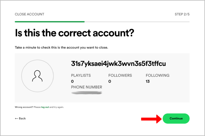 Confirmando la cuenta de Spotify para eliminar