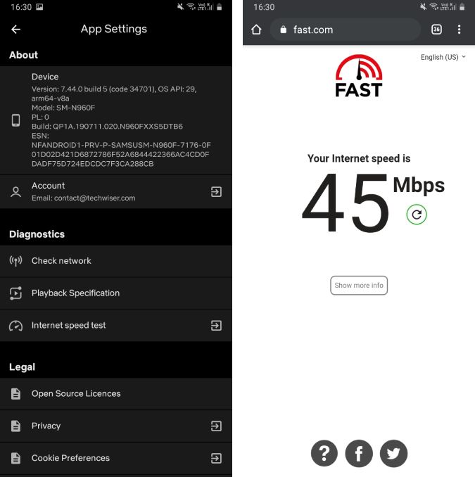 Prueba rápida de velocidad de Internet en la aplicación Netflix