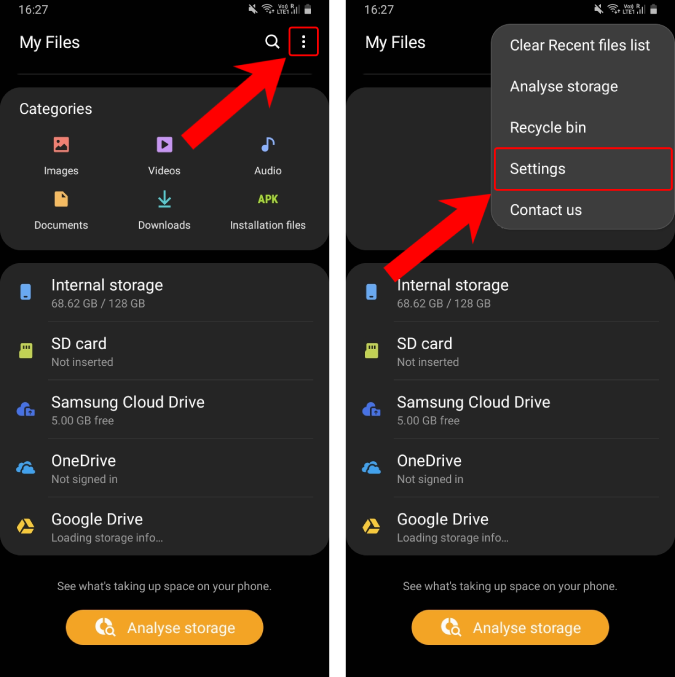 Menú de configuración de Samsung My Files