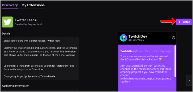 Instalación de Twitter Feed + Opción